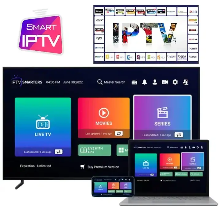 IPTV player apps on a TV, laptop and tablet