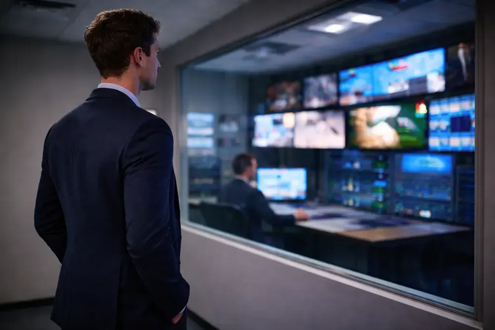 News control room with a wall of monitors