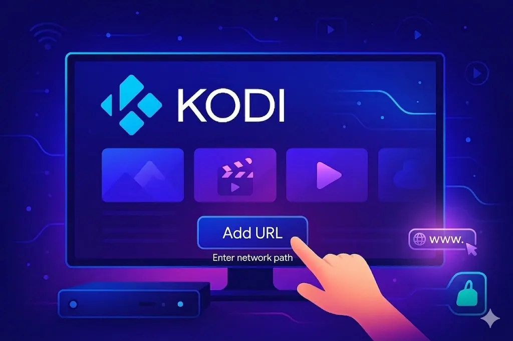 Kodi screen with Add URL to set up IPTV on Kodi