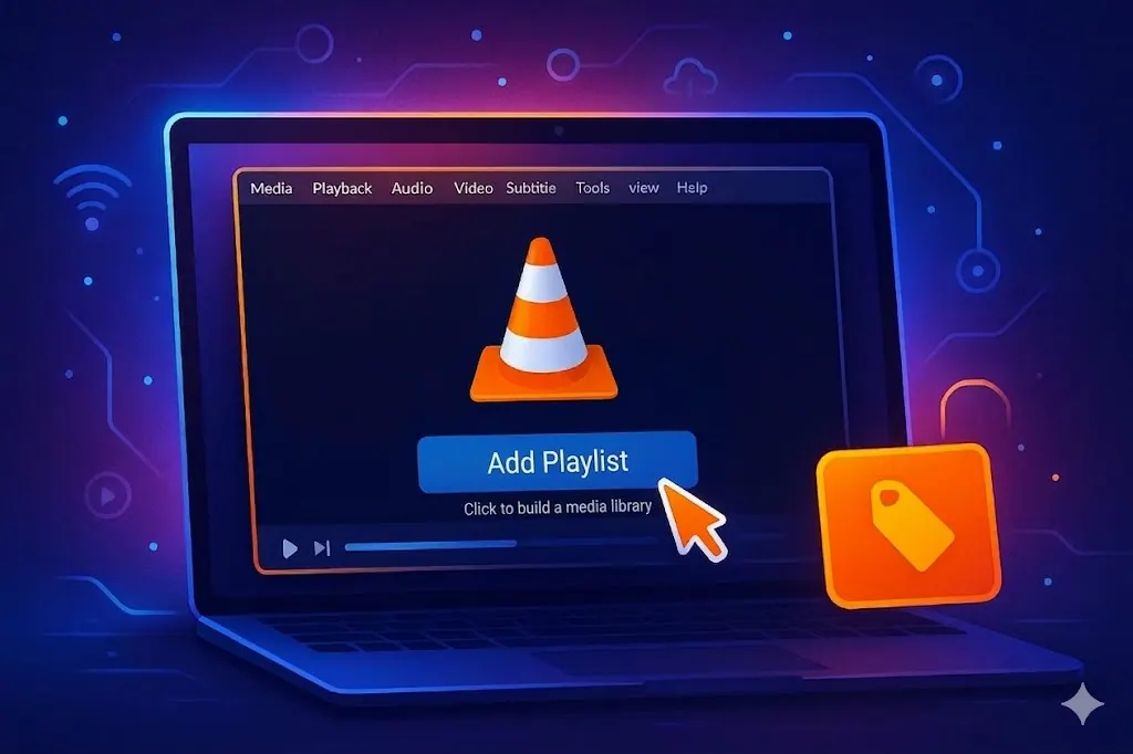 VLC on a laptop with Add Playlist, ready to watch IPTV on VLC
