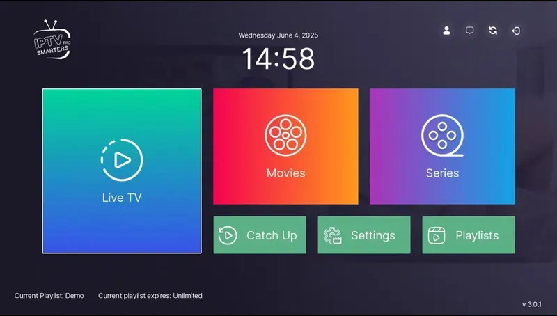 Player app connected to IPTV service providers showing Live TV, Movies and Series