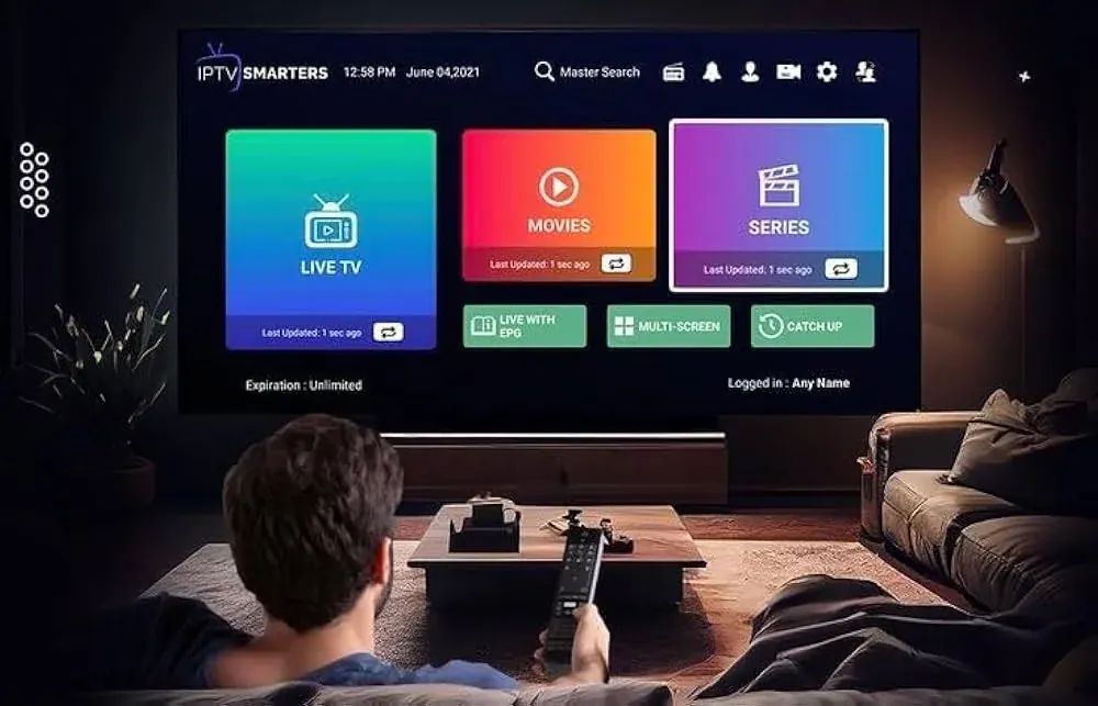 IPTV Smarters Pro home screen with Live TV, Movies and Series on a TV