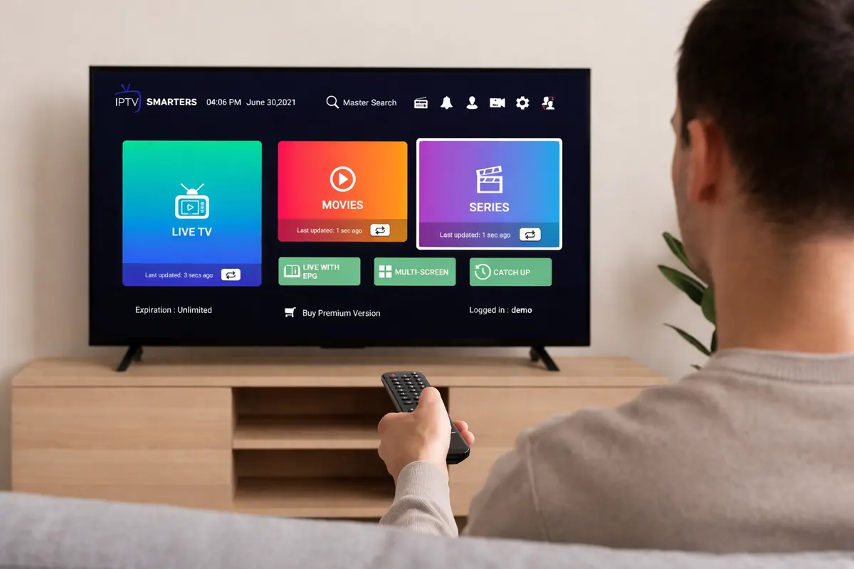 IPTV Smarters Pro on Samsung TV home screen with Live TV, Movies and Series