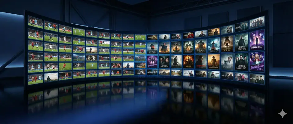 Wall of screens showing movies and shows on demand